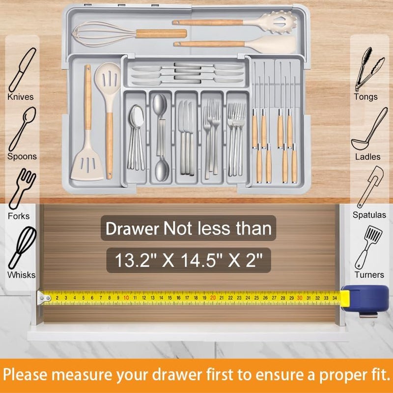 Homecor Silverware Drawer Organizer for Kitchen, Adjustable Utensil Drawer Organizer with 2 Knife Block, BPA Free Flatware and Cutlery Holder, Expandable Plastic Storage for Spoons Forks Knives(Grey) - Image 5